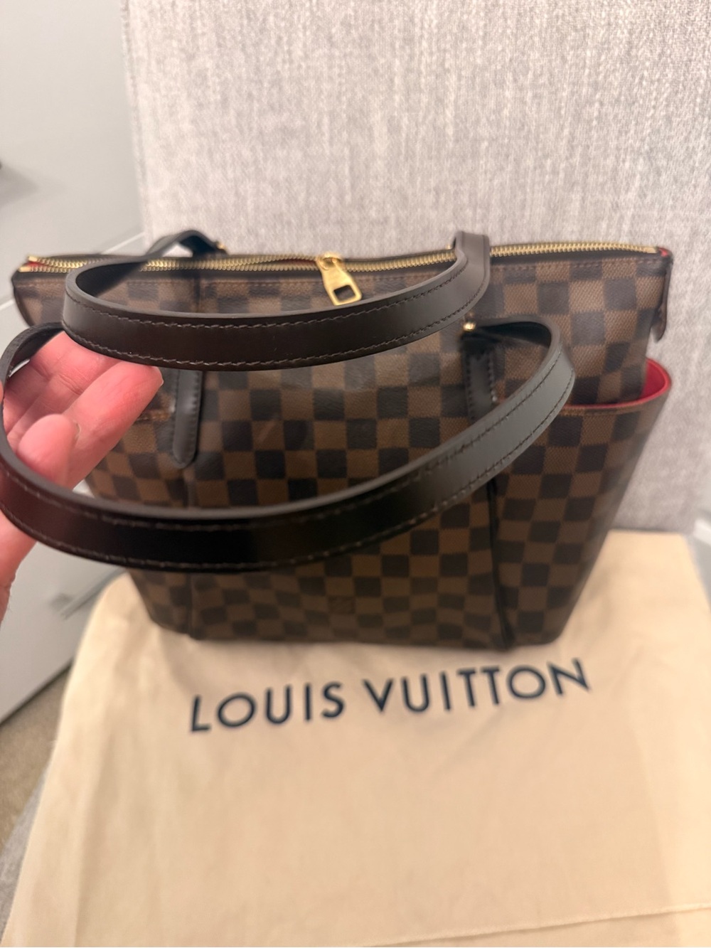 Louis Vuitton Damier Ebene Canvas Shopper Tote with Red Interior Accents - Picture 5 of 14